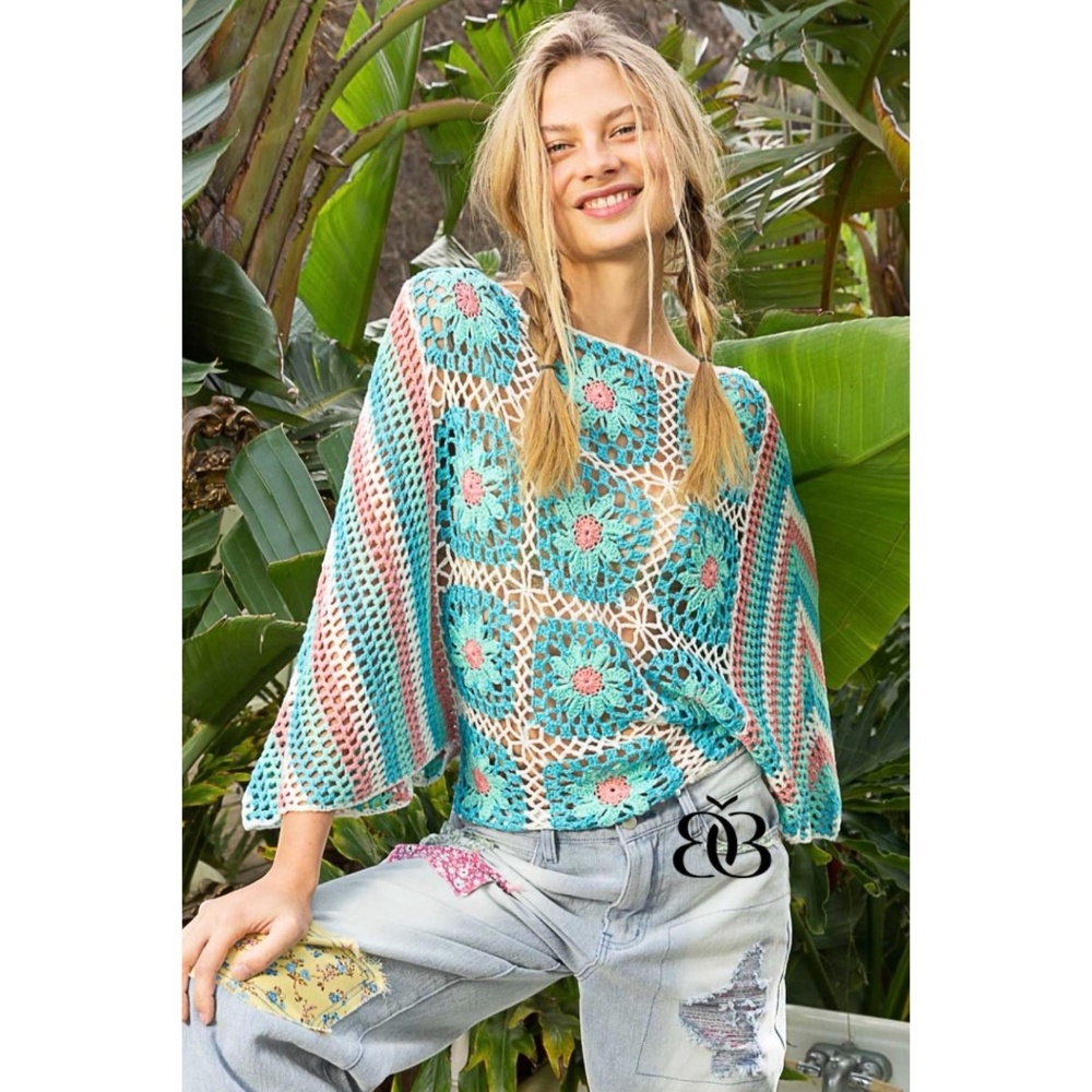 POL Floral Granny Square Striped Dolman Sleeve Hand Crochet Summer Sweater